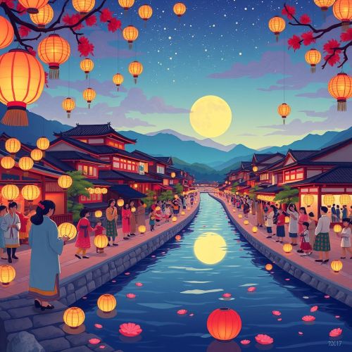 Obon depicted as a serene cultural scene honoring ancestral spirits through light, remembrance, and gentle celebration
