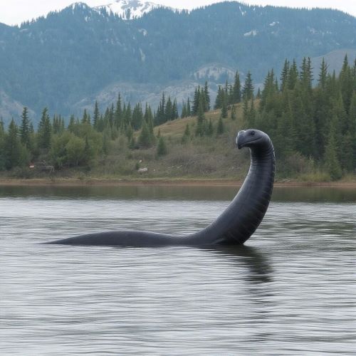 Ogopogo depicted in mythic art as a mysterious aquatic creature symbolizing folklore, mystery, and the unknown depths.