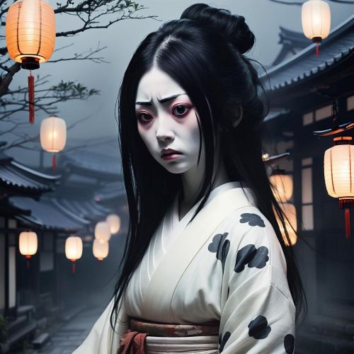 a haunting portrait of Oiwa, the Japanese ghost from Yotsuya Kaidan