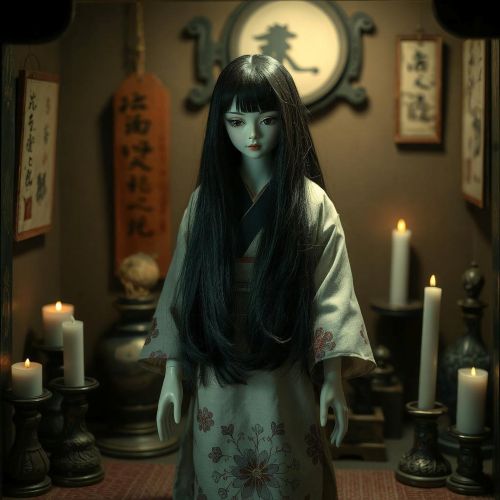 Okiku Doll depicted as an eerie traditional doll with flowing hair, embodying quiet horror and lingering spirit presence