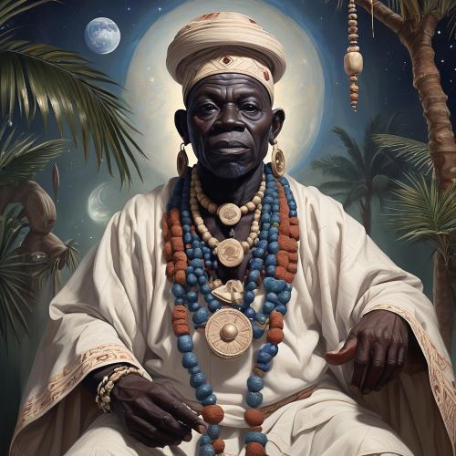 Orunmila depicted in mythic art as a wise divine figure symbolizing knowledge, foresight, and spiritual guidance.