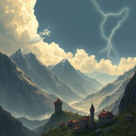Mythlok - Ossetian_ An epic cultural illustration inspired by Ossetian mythology, set in the high Caucasus Mountains with dramatic peaks and valleys under a glowing sky.