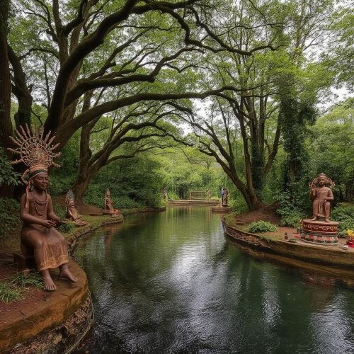 Osun-Osogbo Sacred Grove depicted in serene mythic art as a sacred forest symbolizing fertility, spirituality, and living Yoruba tradition.