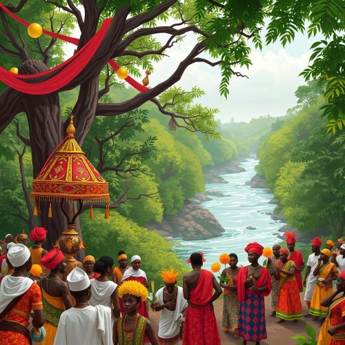 Osun-Osogbo Sacred Grove depicted in mythic art as a sacred forest honoring the goddess Osun, symbolizing fertility, protection, and spiritual heritage.