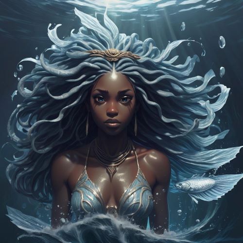 Owu Mmiri depicted in mythic art as a mystical water deity symbolizing rivers, protection, and spiritual power.