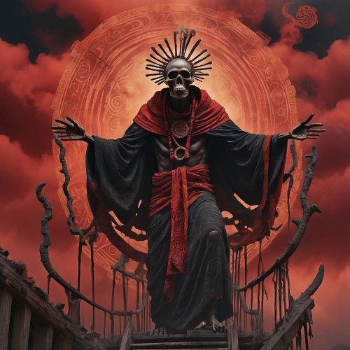 Depiction of Owuo, the God of Death in Akan mythology, shown as a fearsome figure.