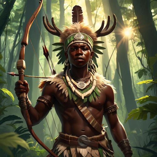 Depiction of Oxóssi, the God of the Forests, holding a bow and arrow.