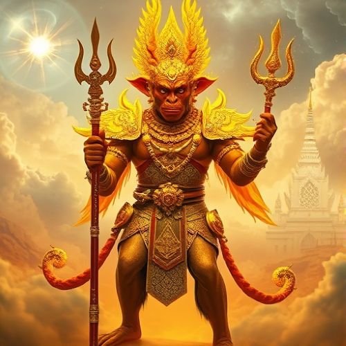 ali Thirat, the monkey king of Thai mythology, standing on a golden battlefield surrounded by clouds and divine light.