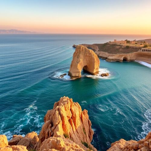 Paphos : The Heart of Cyprus A panoramic view of Petra tou Romiou on the coast of Paphos, Cyprus, at golden hour.