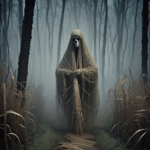 Pasatsat depicted as a terrifying giant figure embodying hunger, fear, and harsh survival folklore