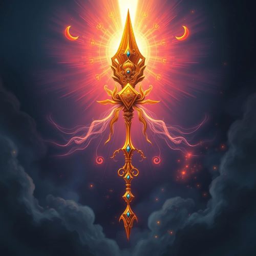 Pashupatastra depicted in mythic art as a divine celestial weapon radiating cosmic destruction and supreme power.