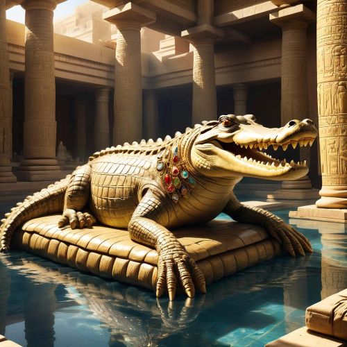 Petsuchos, a majestic, bejeweled crocodile resting in a sacred temple pool surrounded by Egyptian priests