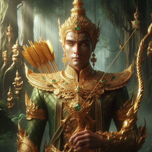 Phra Lak from Thai mythology, depicted as a divine golden-skinned warrior prince standing in a lush, mythical forest.