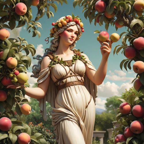 Pomona depicted in art as the serene goddess of fruit and orchards, symbolizing abundance and harvest.