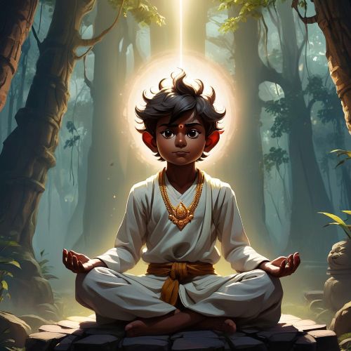 an image of Prahlada from Indian mythology—a serene young Asura boy seated in meditation, surrounded by divine light