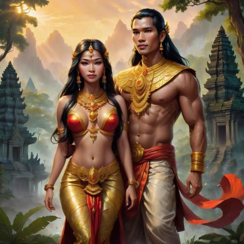 Preah Thong and Neang Neak depicted in flowing art as legendary lovers symbolizing unity, devotion, and Khmer mythology.