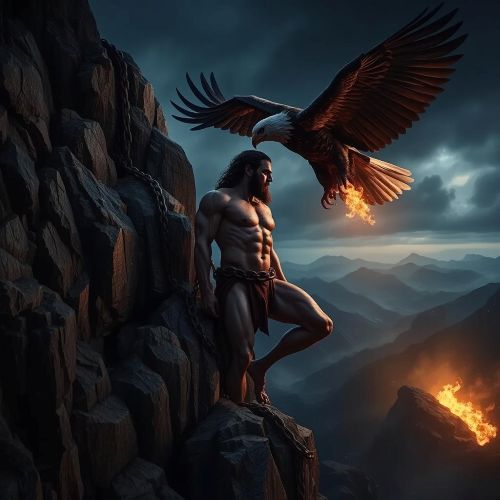 Curse of Eternal Torment, Prometheus chained to a mountain cliff, an eagle descending to devour his liver