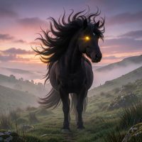 Puca standing on a mist-covered Irish hillside at twilight.