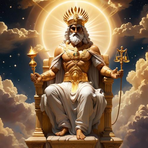 Rashnu depicted in mythic art as a divine judge symbolizing truth, justice, and moral order.
