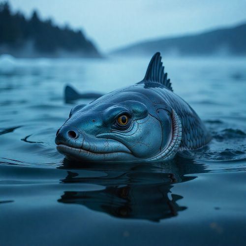 Ravgga, the Sámi fish deity of prophecy, emerging from icy Arctic waters at twilight.