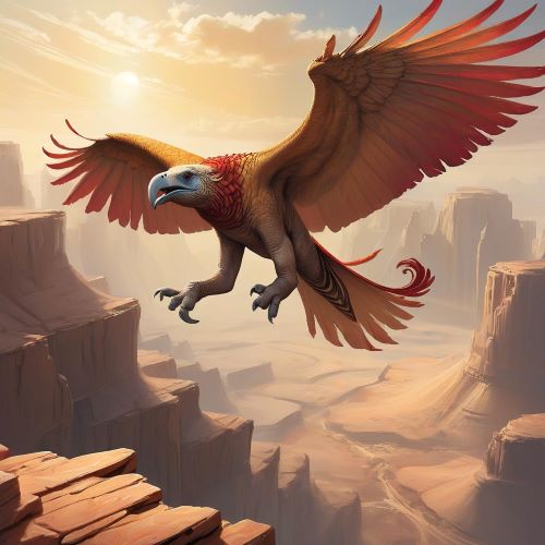 Roc depicted in dynamic art as a gigantic mythical bird soaring above mountains, symbolizing strength and legend.
