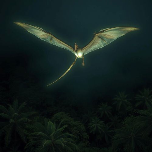 Ropen, a bioluminescent winged cryptid flying over a misty jungle in Papua New Guinea at night