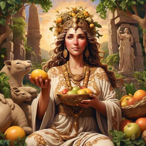 Rosmerta shown in mythic art as a Celtic goddess of abundance and prosperity.