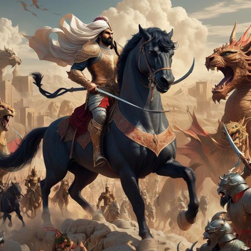 "Depiction of Rostam, legendary Persian hero, in battle armor holding a spear."