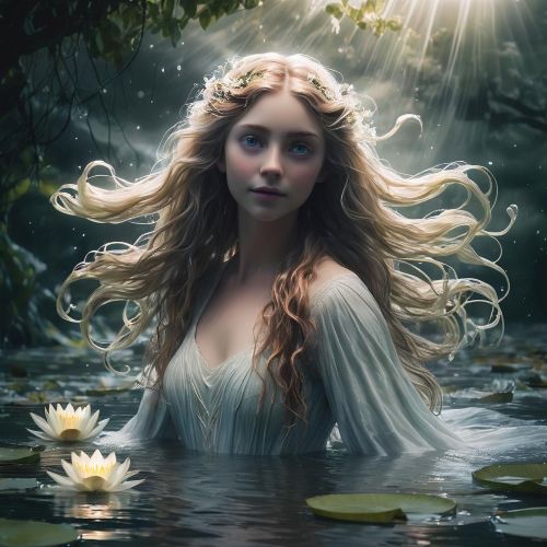 Sabrina illustrated in mythic art as a Celtic river goddess symbolizing purity, prophecy, and flowing waters.