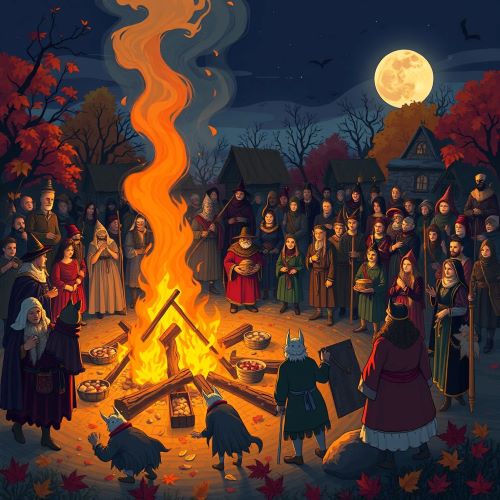 Samhain depicted in mythic art as a sacred festival marking the boundary between worlds and the cycle of death and rebirth.