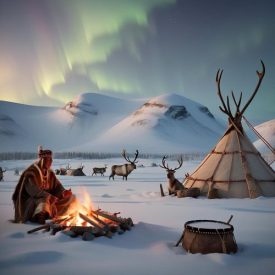 Mythlok - Sami_ A winter landscape of northern Scandinavia inspired by Sami mythology, showing snow-covered mountains,