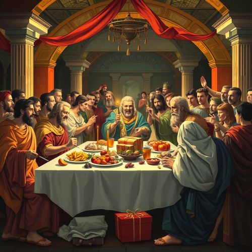 Ancient Roman festival of Saturnalia, celebrated with feasting, gift-giving, and joyous revelry in honor of Saturn.