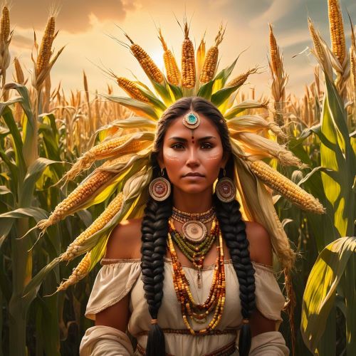 Selu depicted as the Corn Mother in nurturing art, symbolizing fertility, harvest, and abundance.