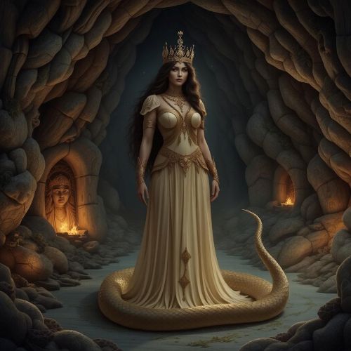 an image of Shahmaran, the mythical half-woman, half-snake queen from Kurdish, Turkic, and Iranian folklore.