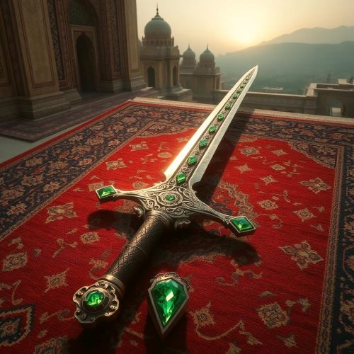 Shamshir-e-Zomorrodnegar depicted in dramatic art as a legendary emerald sword symbolizing heroism, magic, and valor.
