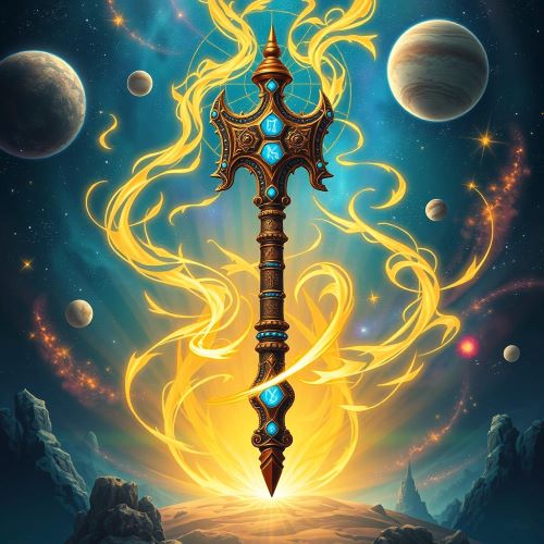 Sharur depicted in dynamic art as a legendary mythical weapon symbolizing power, battle, and divine authority.