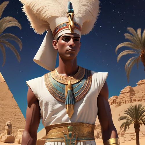 Shu depicted as the god of air in flowing art, embodying wind, sky, and balance.