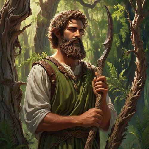 Silvanus depicted in serene forest art as the guardian god of woods, nature, and wildlife.