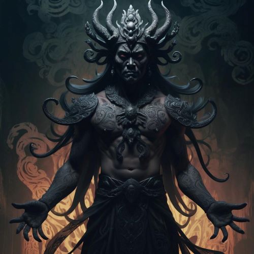 Sitan depicted in dark, atmospheric art as a shadowy underworld guardian symbolizing death and judgment.