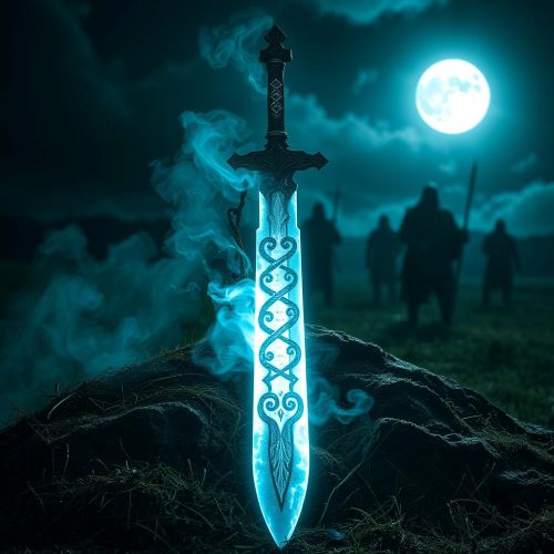 Ancient sword Skofnung,with a glowing aura effect around the blade, symbolizing its legendary spirit-bound power from Norse mythology.
