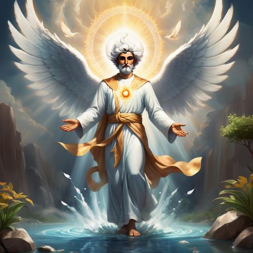 Spenta Mainyu depicted in mythic art as a benevolent spirit symbolizing goodness, creation, and cosmic order.