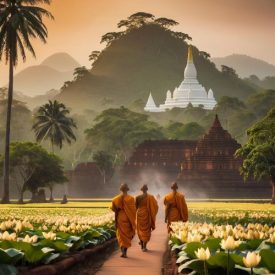 Mythlok - Sri Lanka_ A majestic Sri Lankan landscape at sunrise, featuring the ancient city of Anuradhapura with its great white stupa and lush tropical surroundings