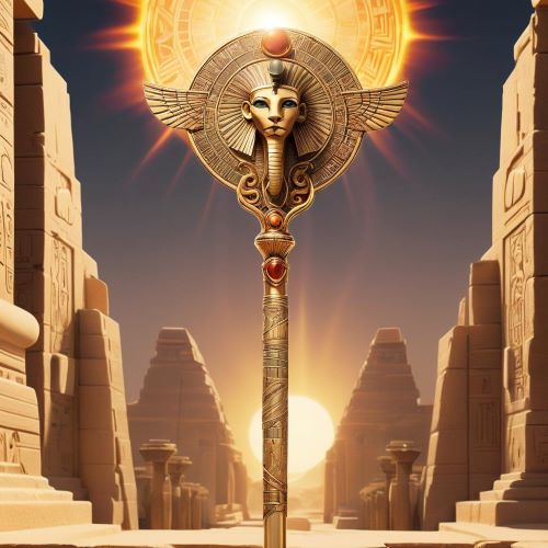 Staff of Ra shown in mythic art as a radiant solar scepter symbolizing divine authority and creation.