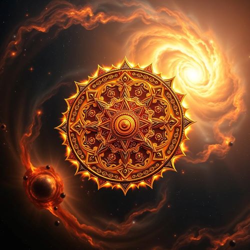 Sudarshana Chakra depicted in dynamic art as a spinning divine discus symbolizing protection, power, and cosmic order.