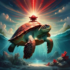 Tabakea, the majestic Kiribati turtle deity with a glowing red shell, emerging from the ocean onto a sacred island.
