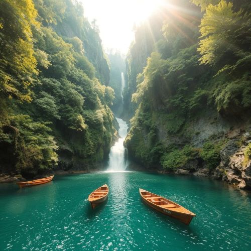 Takachiho Gorge illustrated in mythic art as a sacred canyon linked to Japanese legends and divine origins.