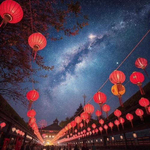 Tanabata depicted in mythic art as a celestial celebration of star-crossed lovers and cosmic harmony.