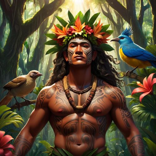 Tane depicted in vibrant art as the forest god embodying life, growth, and nature’s harmony.