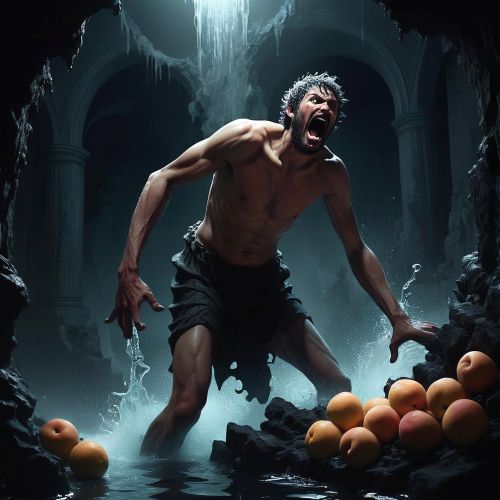 Tantalus in Tartarus with Curse of Eternal Hunger:—an anguished man reaching for fruit and water that recede