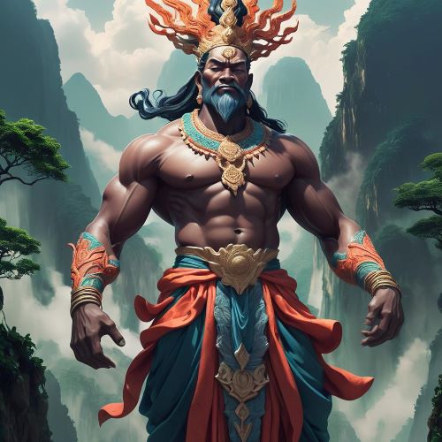 Thangba Yu depicted in vibrant art as a heroic mountain deity symbolizing strength, protection, and resilience.